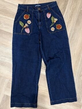 ModCloth X Princess Highway floral embroidered pockets wide leg jeans 14